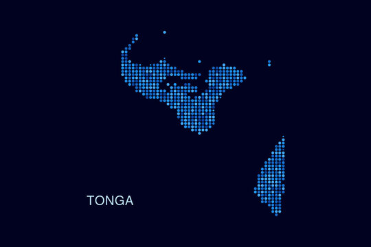 Tonga Map - Blue Dotted Halftone Vector Illustration on Dark Navy Background, Abstract Circle Grid Silhouette Design for Infographic and Modern Presentation Use.