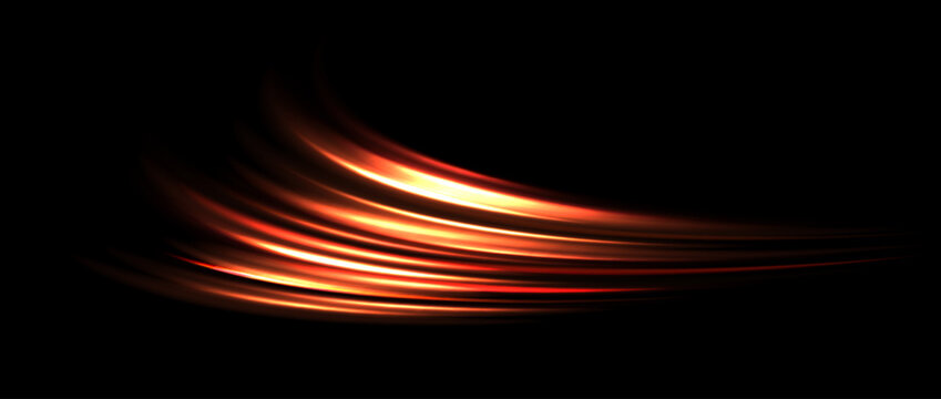 Red light trail element. Glowing neon speed line wave. Hot fire color luminous curved path concept. Bright fiery streaks for poster, banner, flyer. Abstract bent dynamic motion stripes. Vector