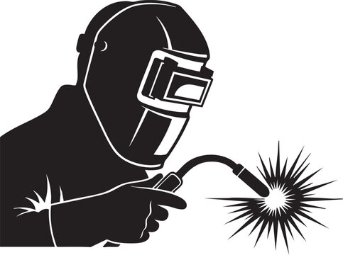 Black silhouette of a person welding with a mask and sparks flying everywhere