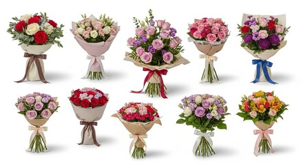 Selection of colorful flower bouquets wrapped in craft paper isolated on white background. Spring and romantic floral arrangements for wedding, anniversary, birthday celebration or Valentine day gift