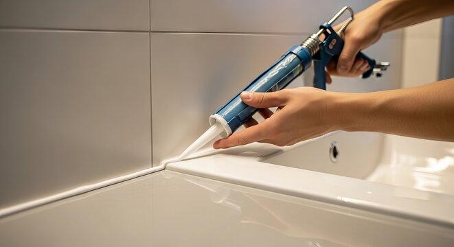 Woman applying silicone sealant to bathroom tiles with caulking gun. Home renovation and maintenance work. Repairing waterproof gap between sink and wall. Professional handyman service concept