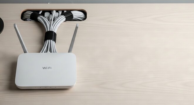 White wifi router on wooden desk with organized cable management. Modem connected to computer wires tucked into hole. Concept of internet connectivity, home office technology and network organization