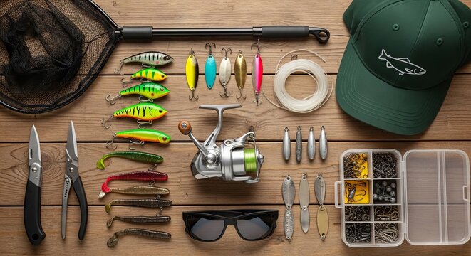 Fishing gear and tackle accessories on a wooden table. Collection of lures, fishing line, a net, reel, and hooks for angling. Hobby background for angler preparation and outdoor leisure activities