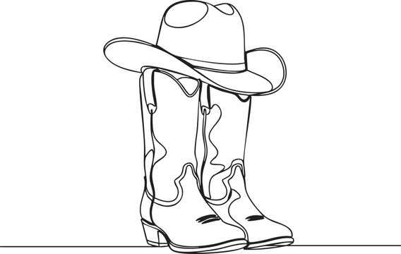 A line drawing of cowboy boots with a hat on top of them
