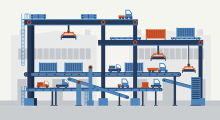 Fototapeta premium Automated factory production line with robotic arms and conveyor belts.