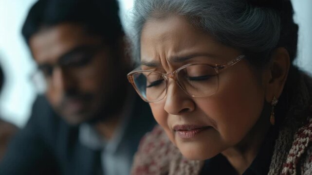 Middle-aged woman in glasses looking concerned at a meeting.