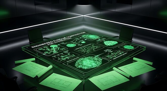 Futuristic glowing green holographic display table in a dark, high-tech laboratory environment with scientific diagrams and blueprints.