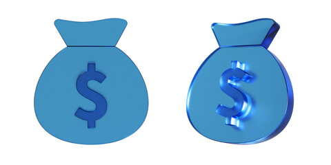 お金が入った袋のフラットなアイコンの3Dイラスト。透明感のある青いガラスのような質感のマーク。半透明なアクリルで切り出したようなクリアなアイコン。Clean-looking icons suitable for business and UI