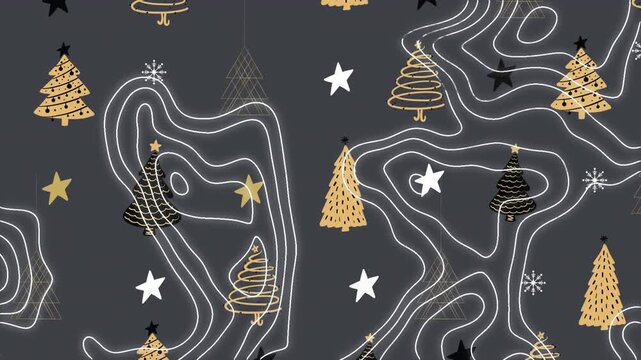Topography over christmas tree and stars icons in seamless pattern on grey background