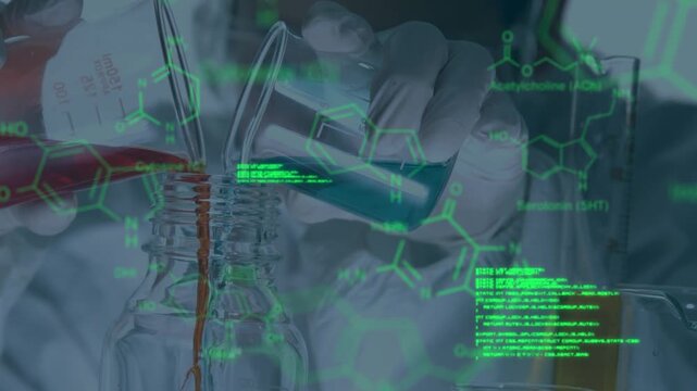 Animation of scientific data over hands of lab worker pouring liquids into glass