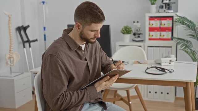 Man writing on clipboard with visible hands and pen at a medical desk with stethoscope and crutches in a building; concentration planning recovery.