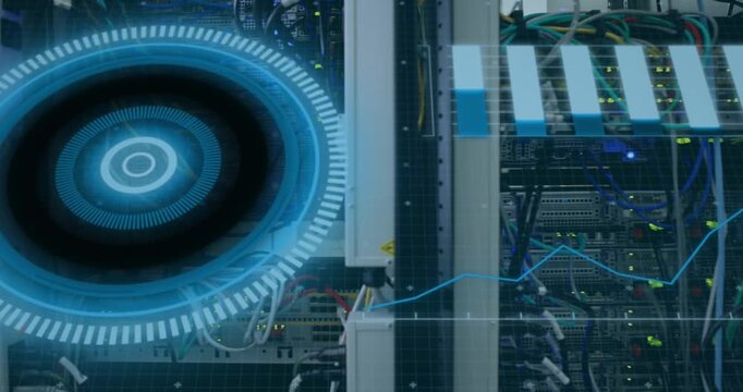 Animation of scope scanning and data processing over cables in computer server in background