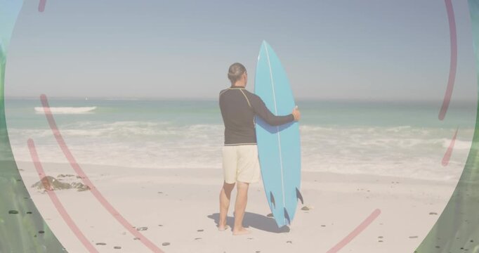 Animation of banner with copy space over rear view of a man with surfboard at the beach