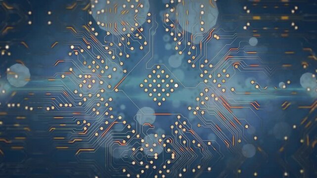 Animation of integrated circuit over navy background with dots