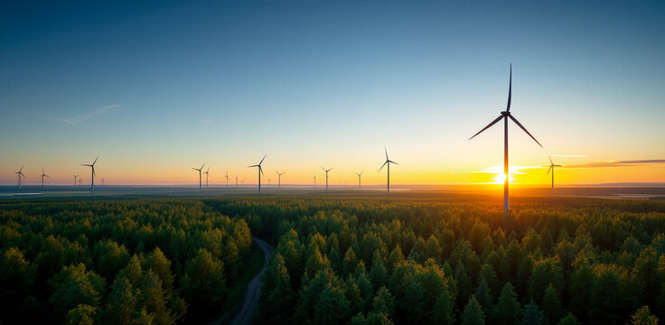 Aerial view of wind turbines at sunrise or sunset, renewable energy farm, forested terrain, solar wind energy, sustainable power generation.