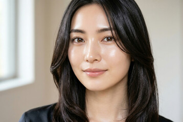 Naklejka premium 潤いのある艶やかな肌の日本人女性 スキンケアとビューティーポートレート Generative AI