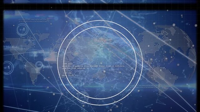 Animation of tape reel over connections and data processing on blue background
