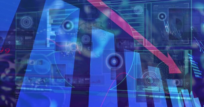 Animation of arrow and financial data over screens and blue digital space