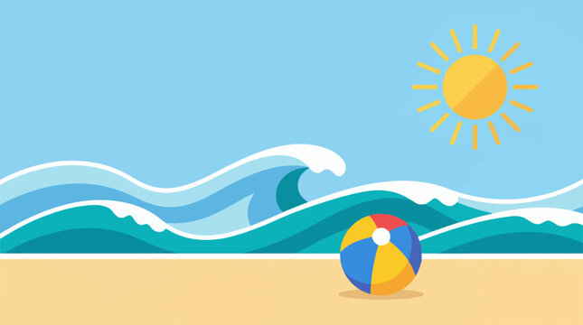 Vibrant flat design illustration of a cheerful summer beach scene with dynamic blue waves, a bright yellow sun, golden sand, and a colorful beach ball, perfect for holiday and vacation concepts