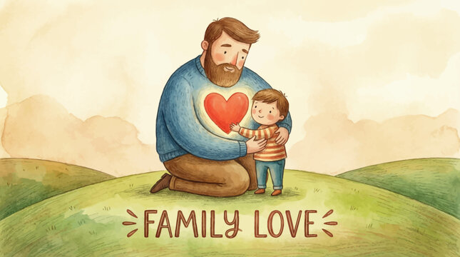 A tender watercolor illustration capturing the unconditional love and deep emotional bond between a caring father and his young son, symbolizing the strength and warmth of family connection