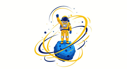 Astronaut standing on planet with rings, celebrating victory in space exploration © lobes