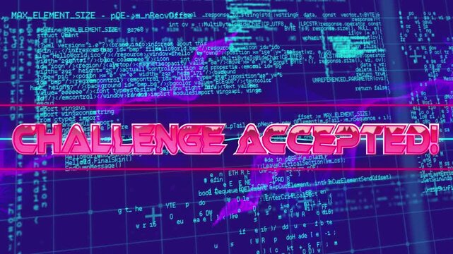 Animation of digital pink challenge accepted with lines against programming codes on grid pattern