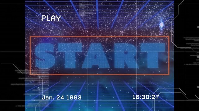 Animation of start text with grids, play button, date and timing on glitch digital interface