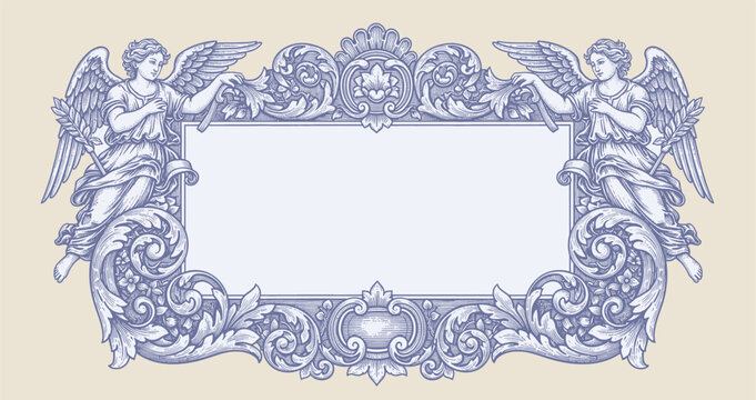 Vector vintage border frame engraving with retro ornament pattern in antique rococo victorian style decorative design