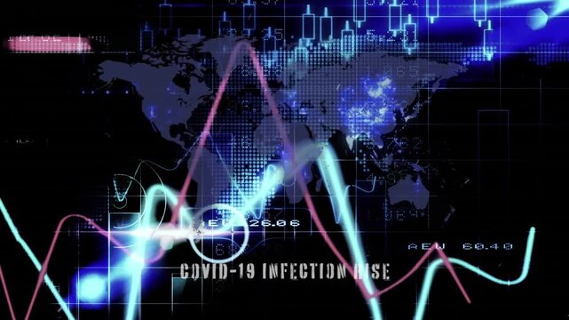 Animation of graphs and financial data over world map and blue and black background