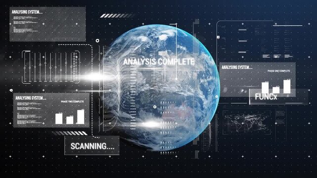 Animation of infographic interface with lens flare over rotating globe in galaxy