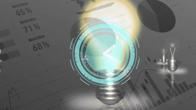 Animation of digital clock and illuminated light bulbs over moving infographic interface