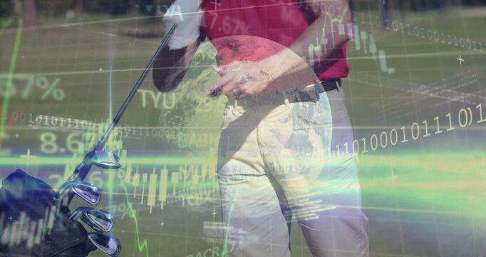 Animation of financial data processing over caucasian man picking a golf stick from his bag