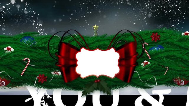 Animation of christmas greetings text and decorations in winter scenery
