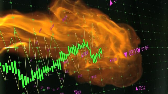 Animation of financial data processing and statistics over flame