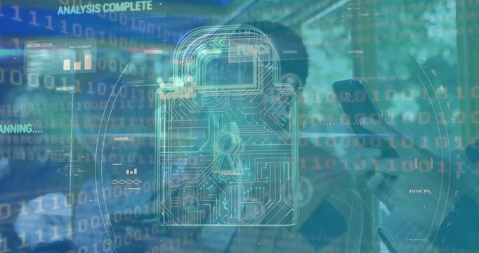 Animation of security padlock icon and data processing over african american man drinking coffee