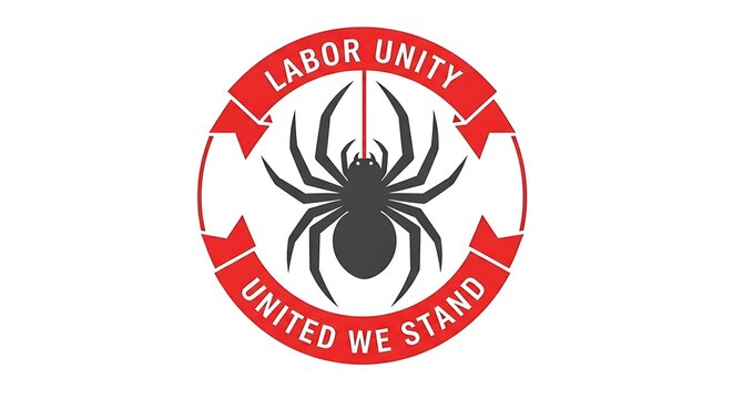 Labor unity united we stand logo with spider and red ribbon isolated on white background.