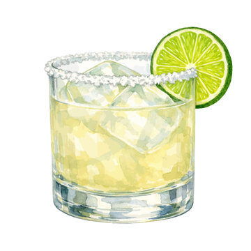 Watercolor Tommy's Margarita cocktail illustration, lime tequila drink with ice and salt rim isolated on white background