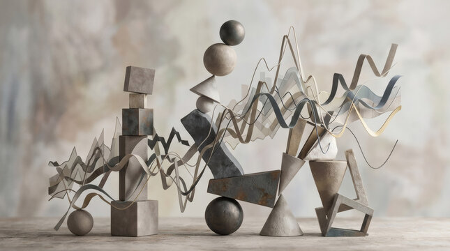 Economic uncertainty concept with balancing geometric shapes and fluctuating graph-like forms in abstract style, soft neutral palette, no text.