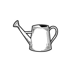 Hand-drawn Watering Can Illustration - Vintage Style Gardening Tool Sketch in Black and White Line Art © puji