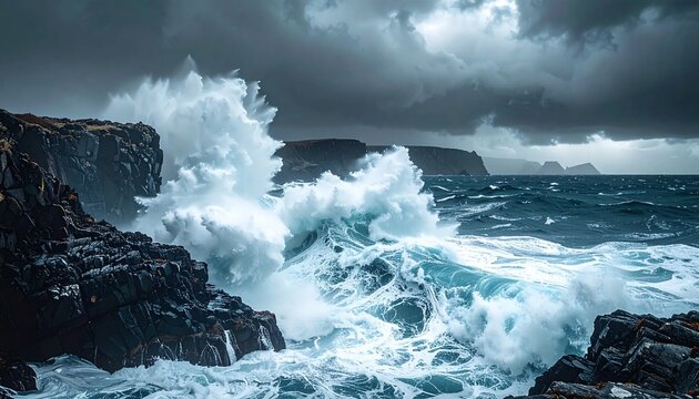 Powerful Ocean Waves Crashing Against Rugged Coastal Rocks Under a Dramatic Stormy Sky.