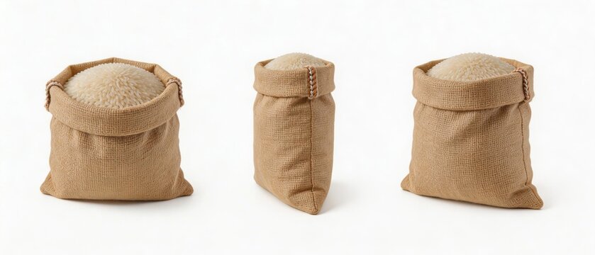  Set of tied burlap sacks with rice from various angles. Agricultural trade, export, and storage mockup isolated on white background