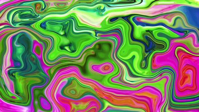 Vibrant exotic colors of green, fuchsia, and blue organic paints mixing into fluid patterns. High-quality artistic background for creative projects.