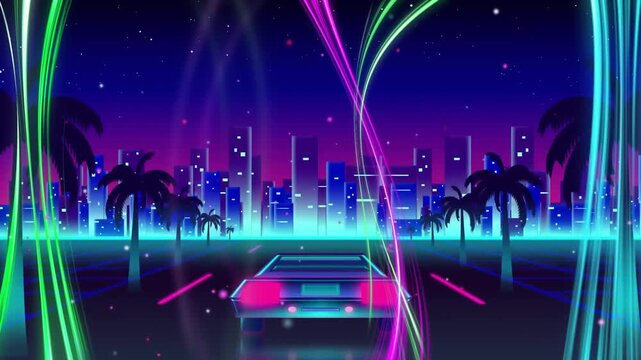 Animation of light trails and car over neon cityscape