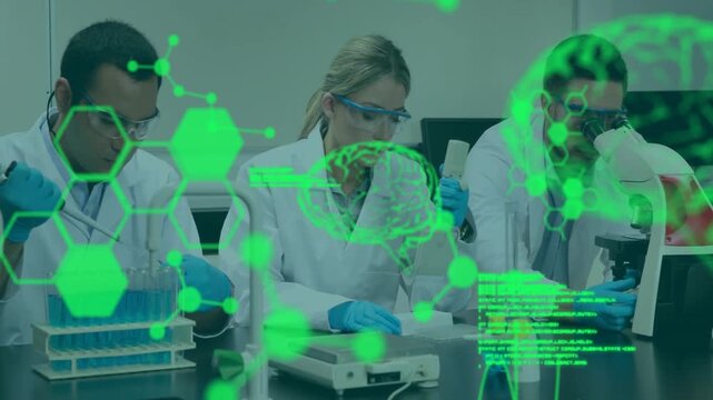 Animation of scientific data processing and human brains over diverse scientists in laboratory