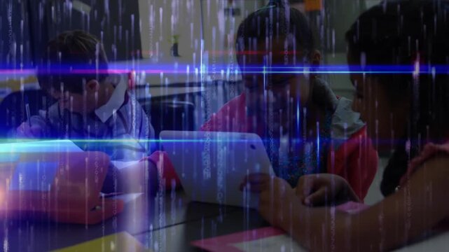 Children using tablet in classroom with digital data animation overlay