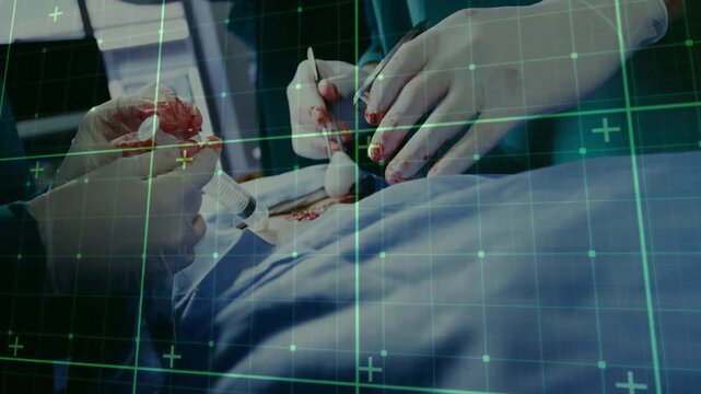 Surgeon team performing medical procedure in operating room with scalpel forceps under grid overlay