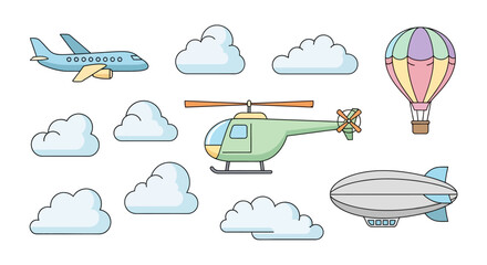 Airplane helicopter blimp hot air balloon. © Meta
