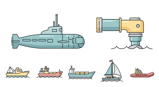 Colorful cartoon boats and submarine sailing.