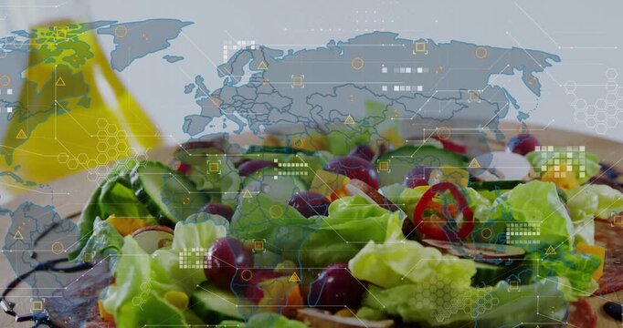 Camera focusing on salad on plate, map overlay appearing and HUD nodes animating to show origins