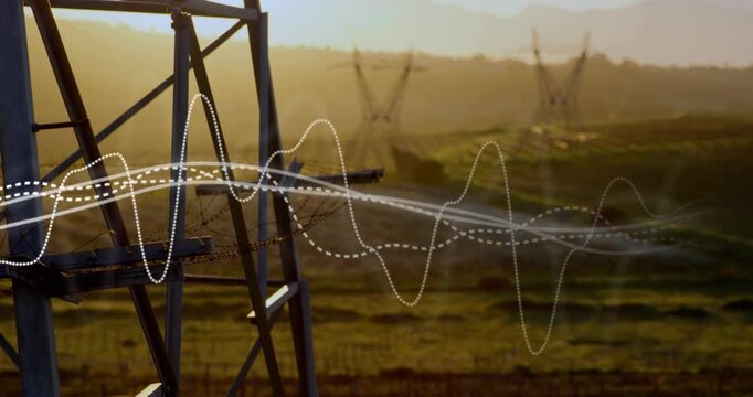 At start sunlight rising, waveform traces sweeping across lattice tower, pylons showing signal flow